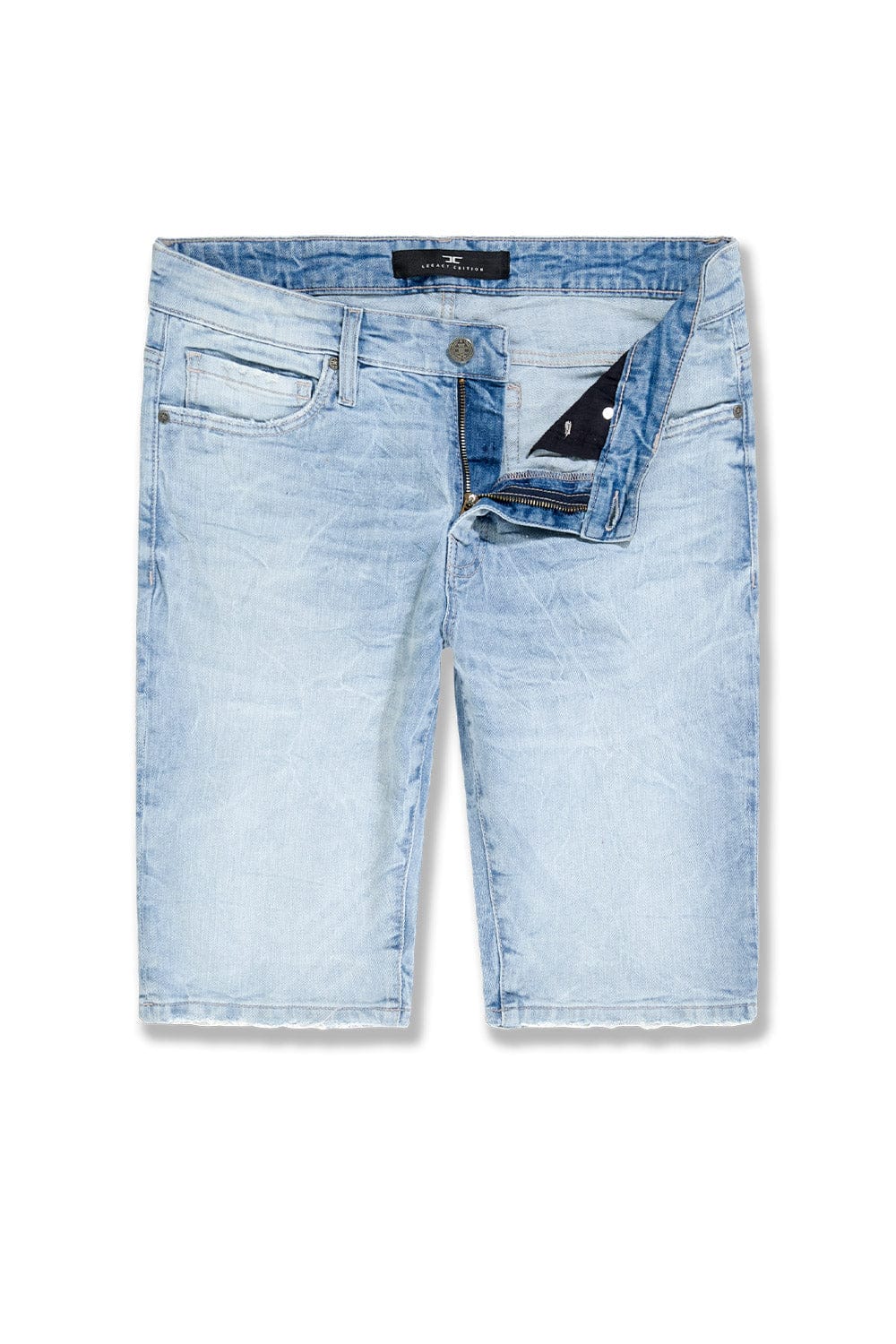 Jordan Craig OG Cascade Jean Shorts, casual denim shorts with distressed details and a classic fit, shown on a model.