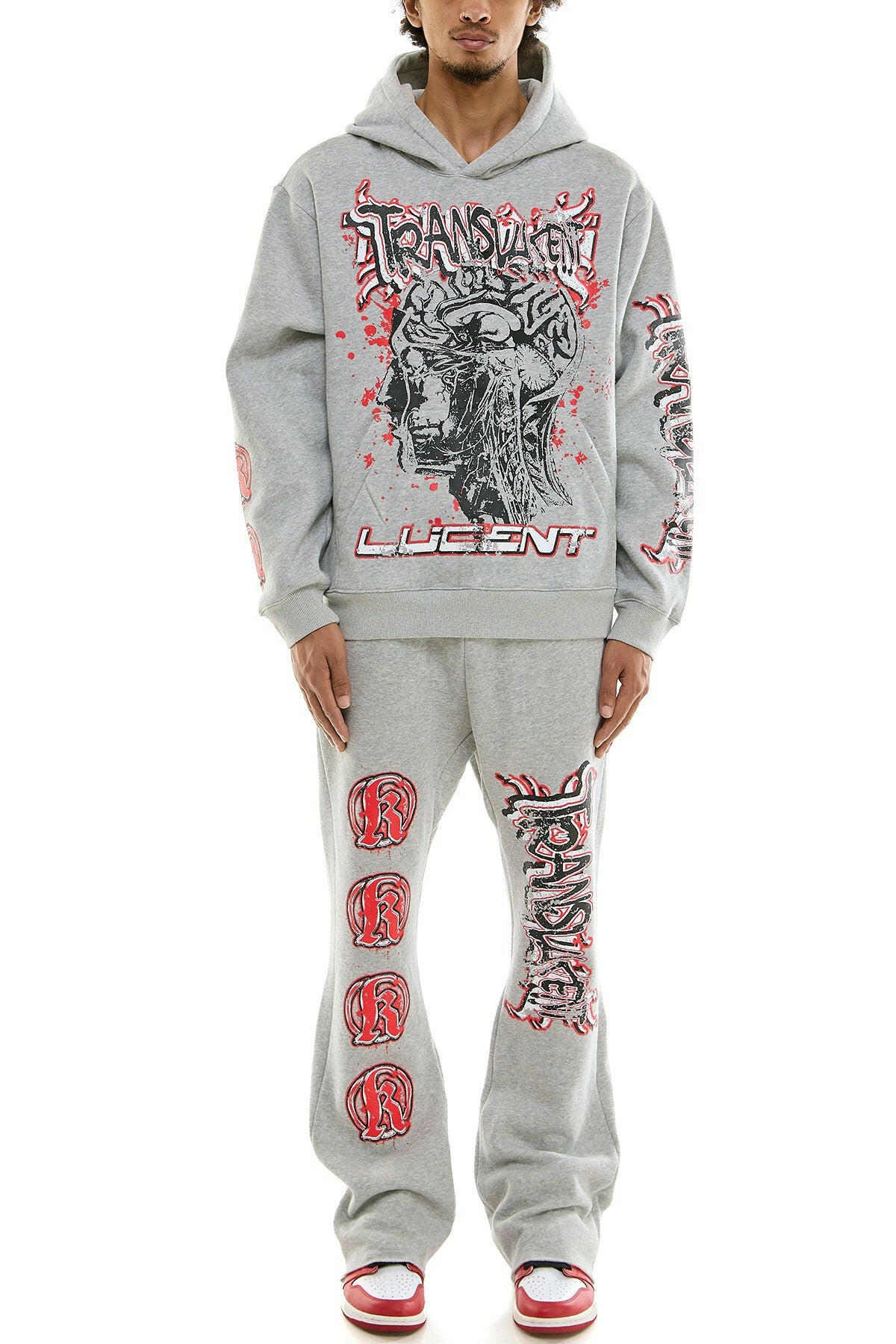 KDNK translucent sweatsuit set in grey, featuring a comfortable fit and stylish design, ideal for casual wear.