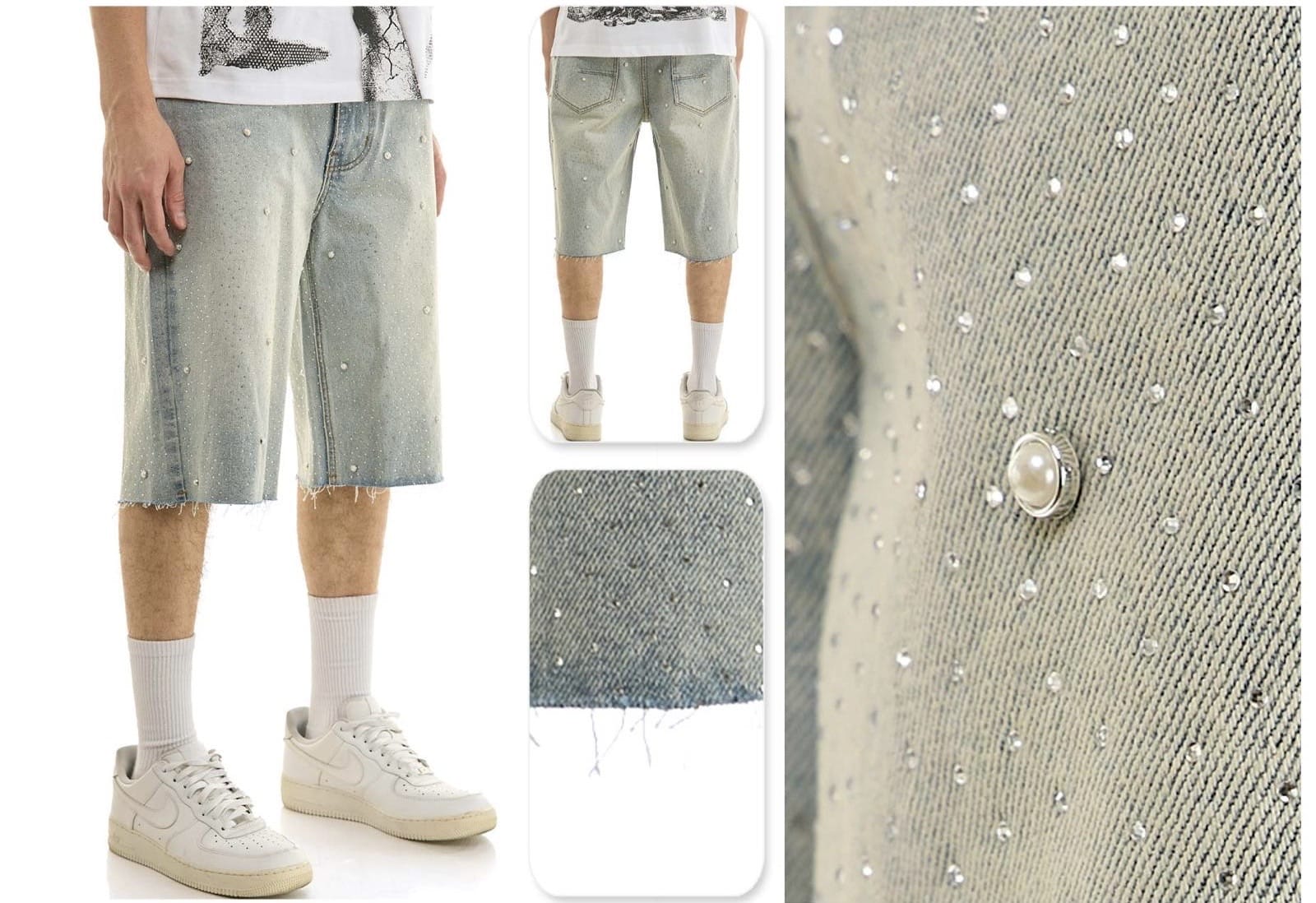 KDNK rhinestone embellished jean shorts with frayed edges and distressed details, featuring sparkling rhinestone accents.