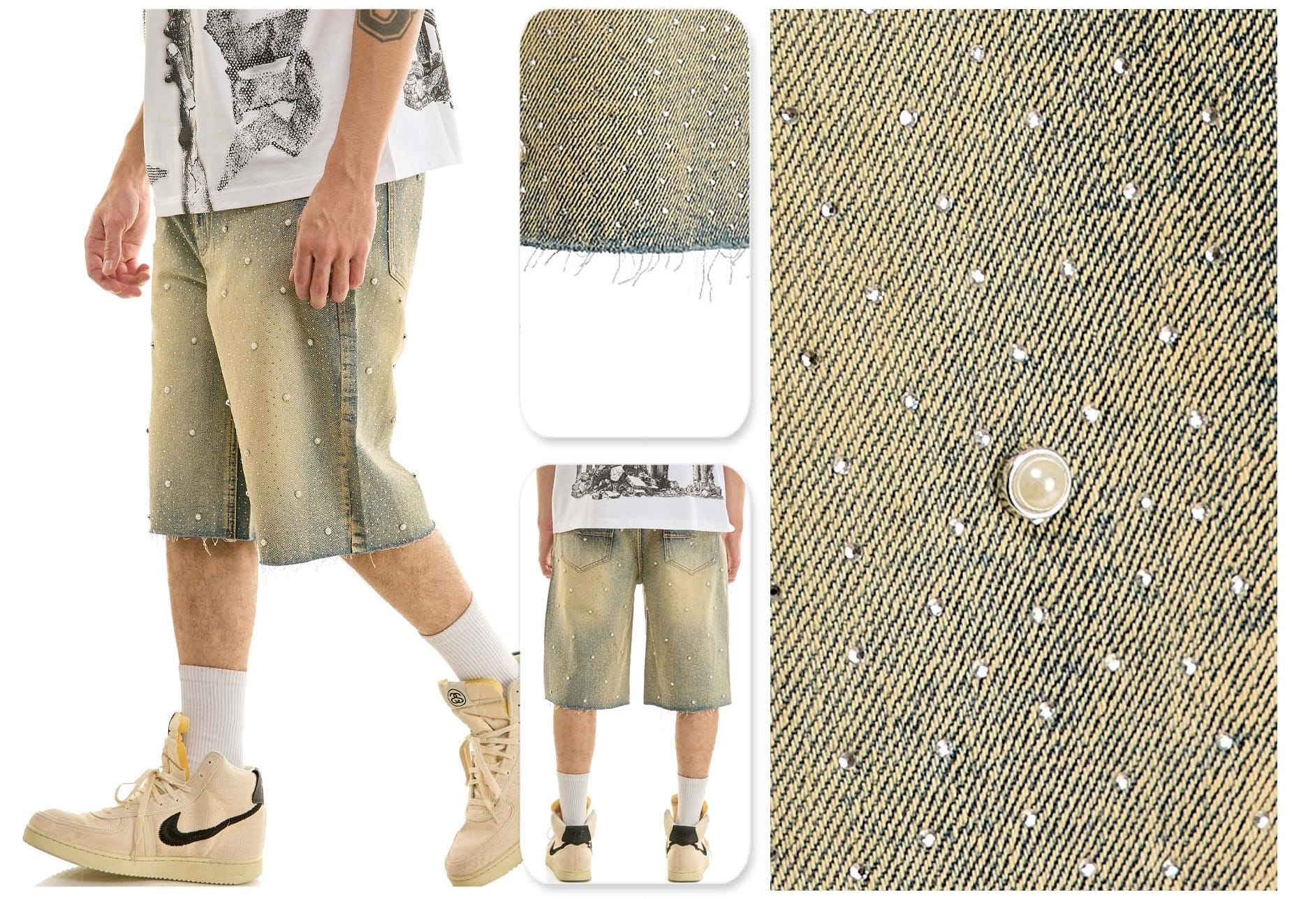 KDNK rhinestone embellished denim shorts with vintage wash and distressed details, perfect for casual summer wear.