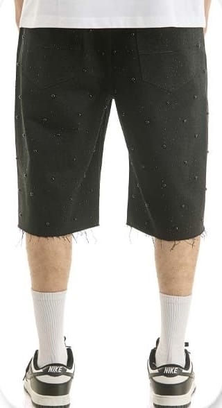 Black KDNK jean shorts with rhinestone embellishments, featuring a stylish distressed design and casual fit.