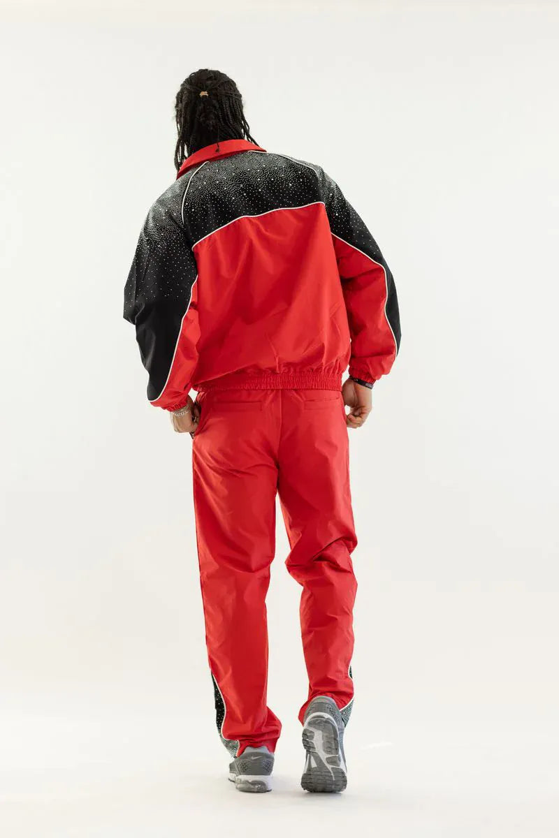 Kindred Sets Kindred Track Suit - Rhinestone Nylon Zip Up - Red/Black Kindred Track Suit - Rhinestone Nylon Zip Up - Red/Black