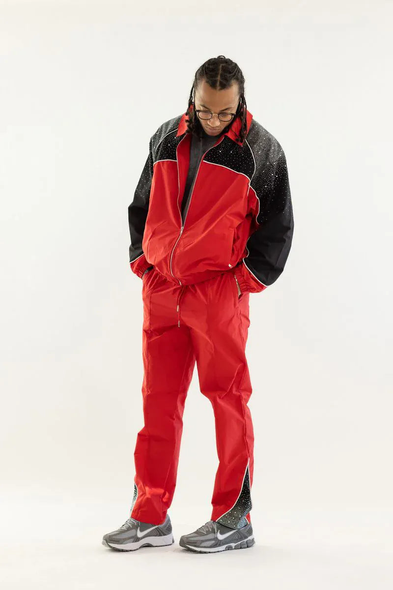 Kindred Sets Kindred Track Suit - Rhinestone Nylon Zip Up - Red/Black Kindred Track Suit - Rhinestone Nylon Zip Up - Red/Black