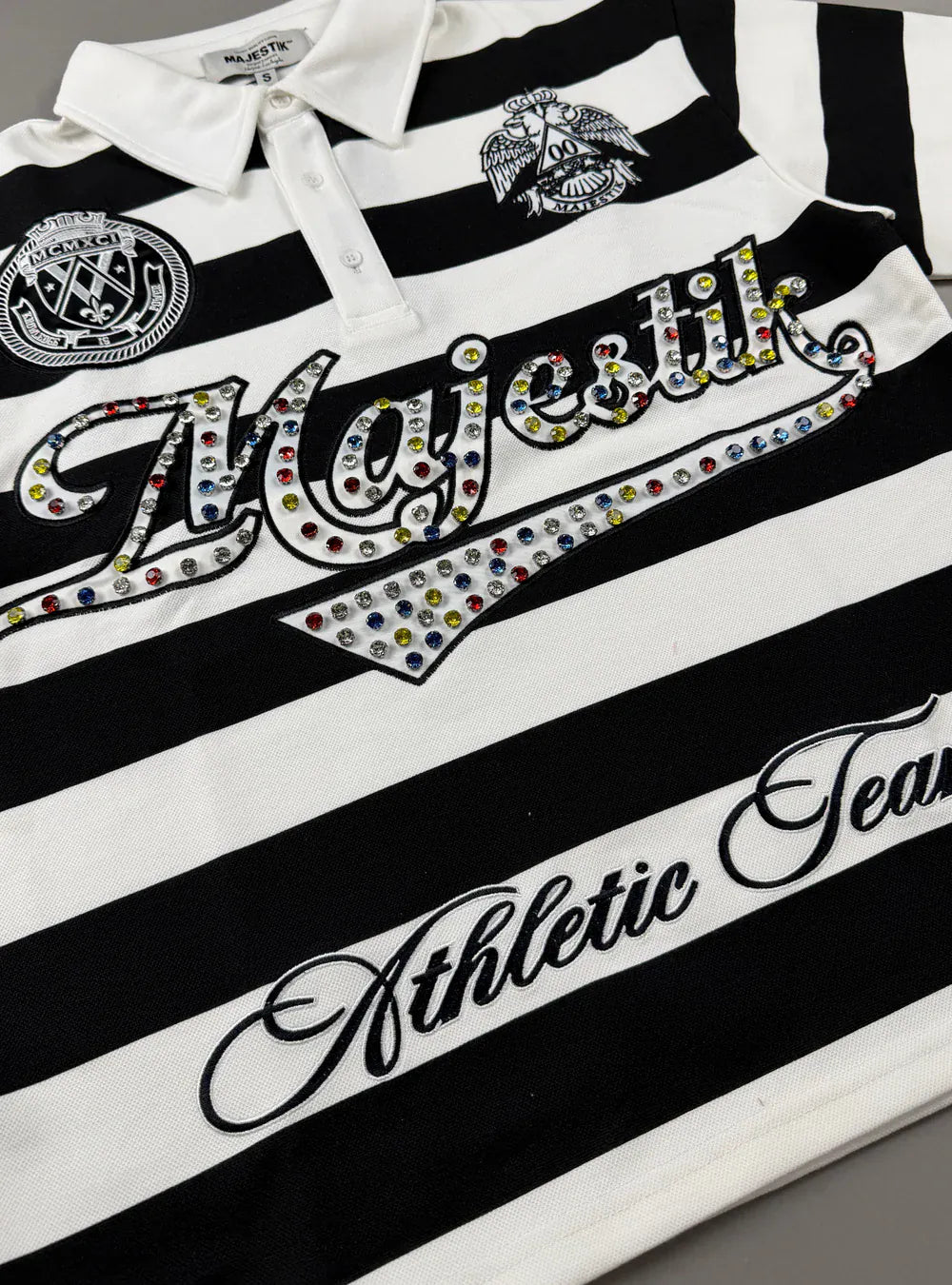 Majestik T-Shirts Majestik Polo T-Shirt - Stripe - Patches & Studs - Black Majestik Polo T-Shirt - Stripe - Patches & Studs - Black