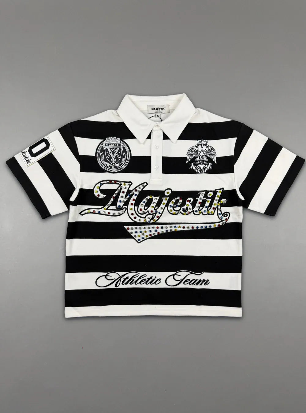 Majestik T-Shirts Majestik Polo T-Shirt - Stripe - Patches & Studs - Black Majestik Polo T-Shirt - Stripe - Patches & Studs - Black