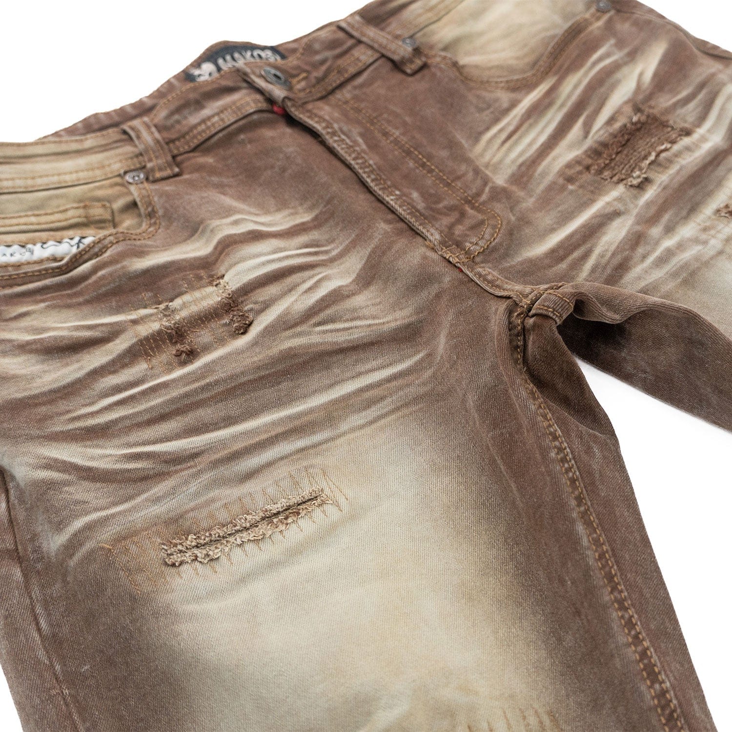 Makobi Lorenzo M1975 Brown denim jeans with classic fit and five-pocket design, shown on a model.