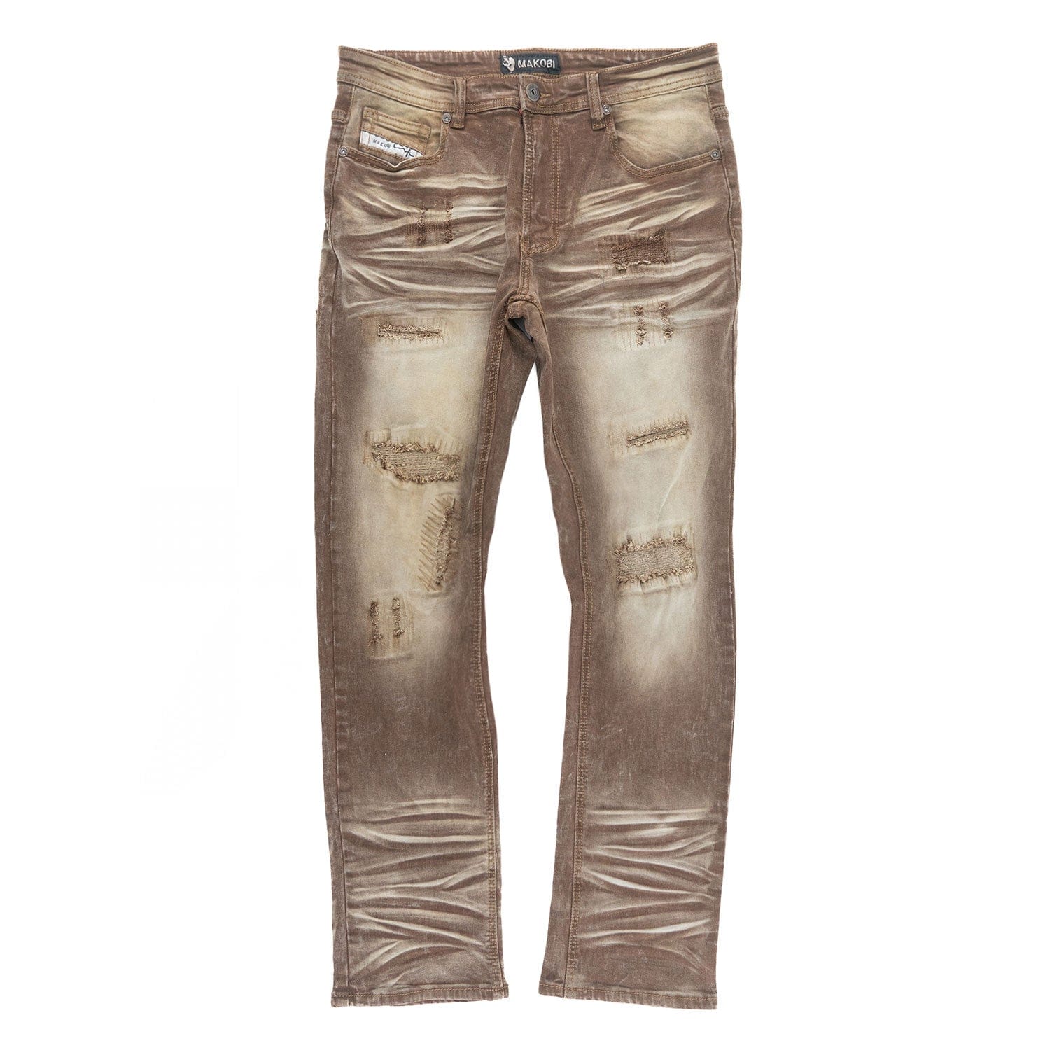 Makobi Lorenzo M1975 brown denim jeans with classic fit and stitching detail, displayed flat on a white background.