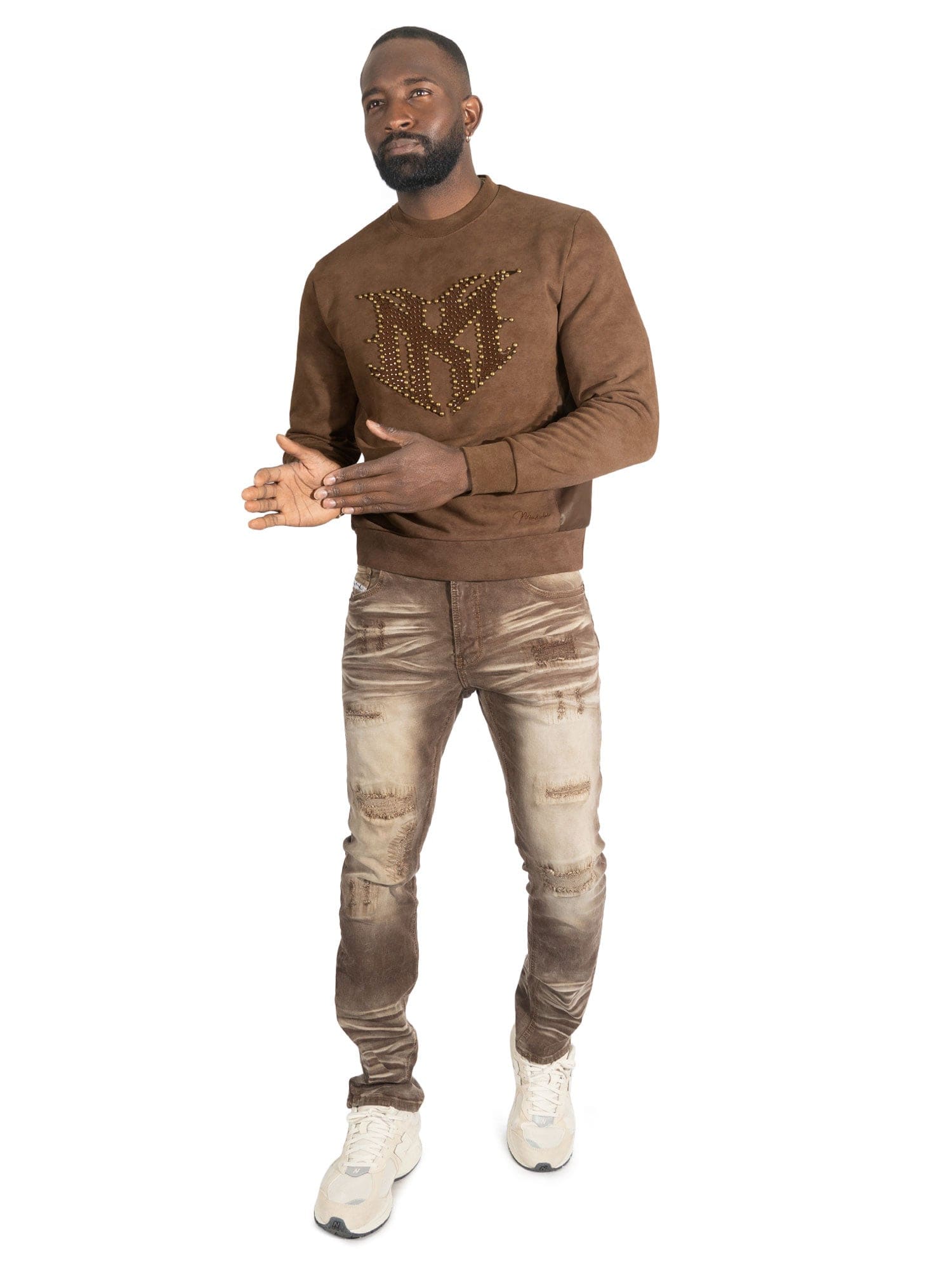 Makobi Lorenzo M1975 brown denim jeans with classic fit and visible stitching, displayed on a neutral background.