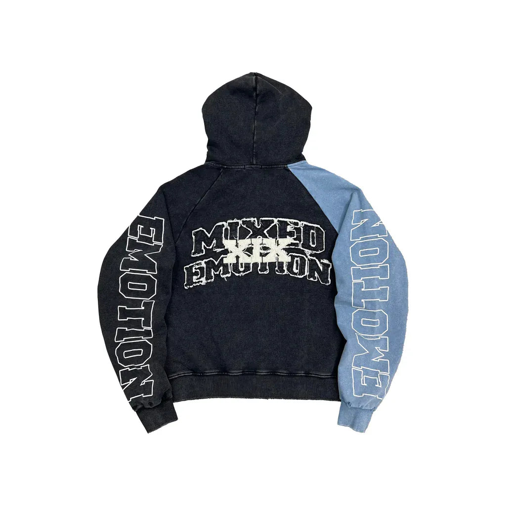 Mixed Emotions Blue “Split Decision” hoodie showing a casual fit with a front pocket and hood, featuring a blue color and graphic design.