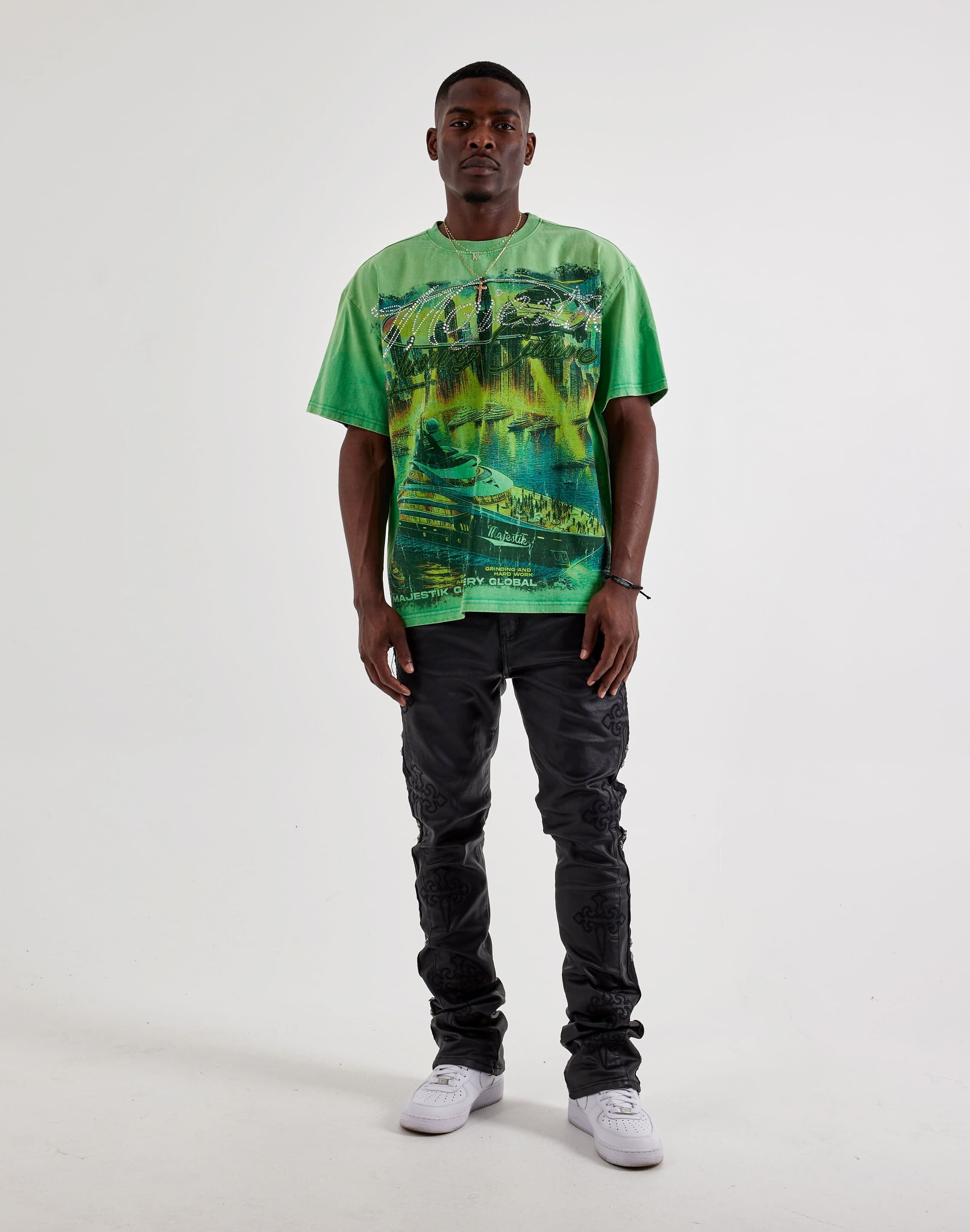 Majestik Tour Tee in multiple colors, casual T-shirt with graphic design, made by Majestik, displayed on a flat surface.