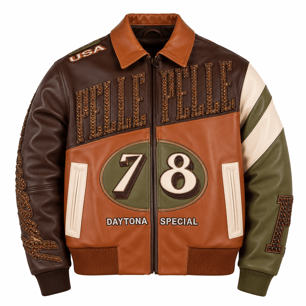 Pelle Pelle Daytona Special Jacket BR in brown leather with bold Daytona detailing