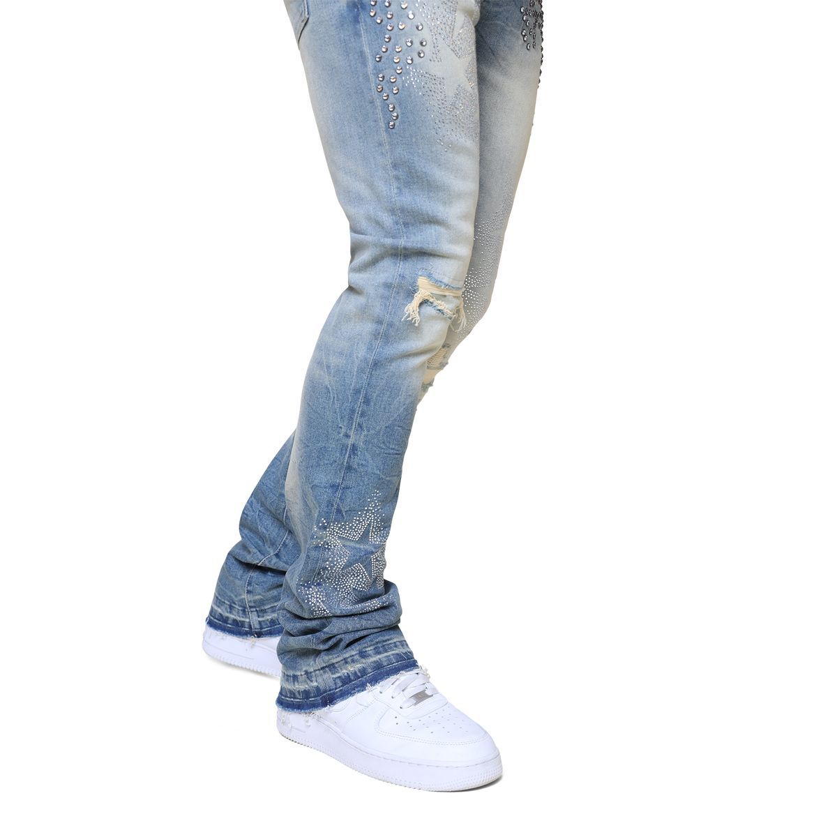 Smokerise Embellished Stacked Flare Jeans Blue.