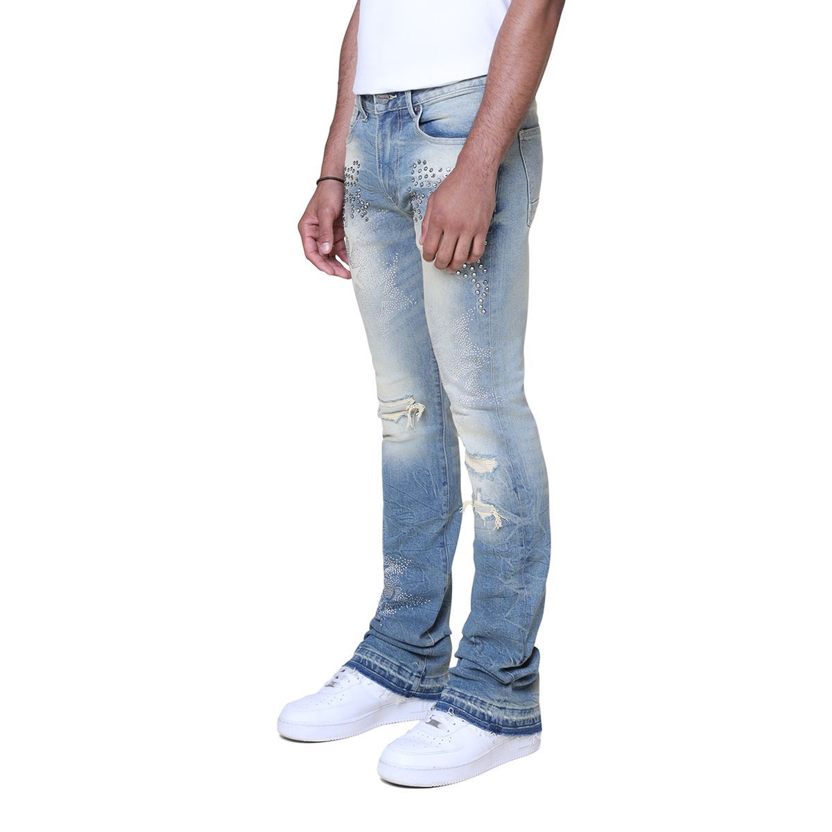 Smokerise Embellished Stacked Flare Jeans Blue.