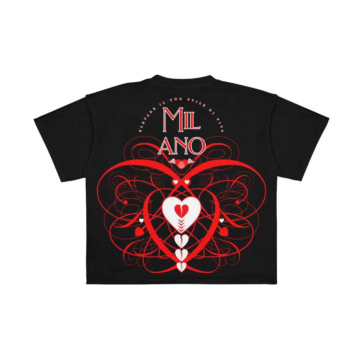 Black Premium Milano Melted Heart T-Shirt featuring a melted heart graphic on the front.