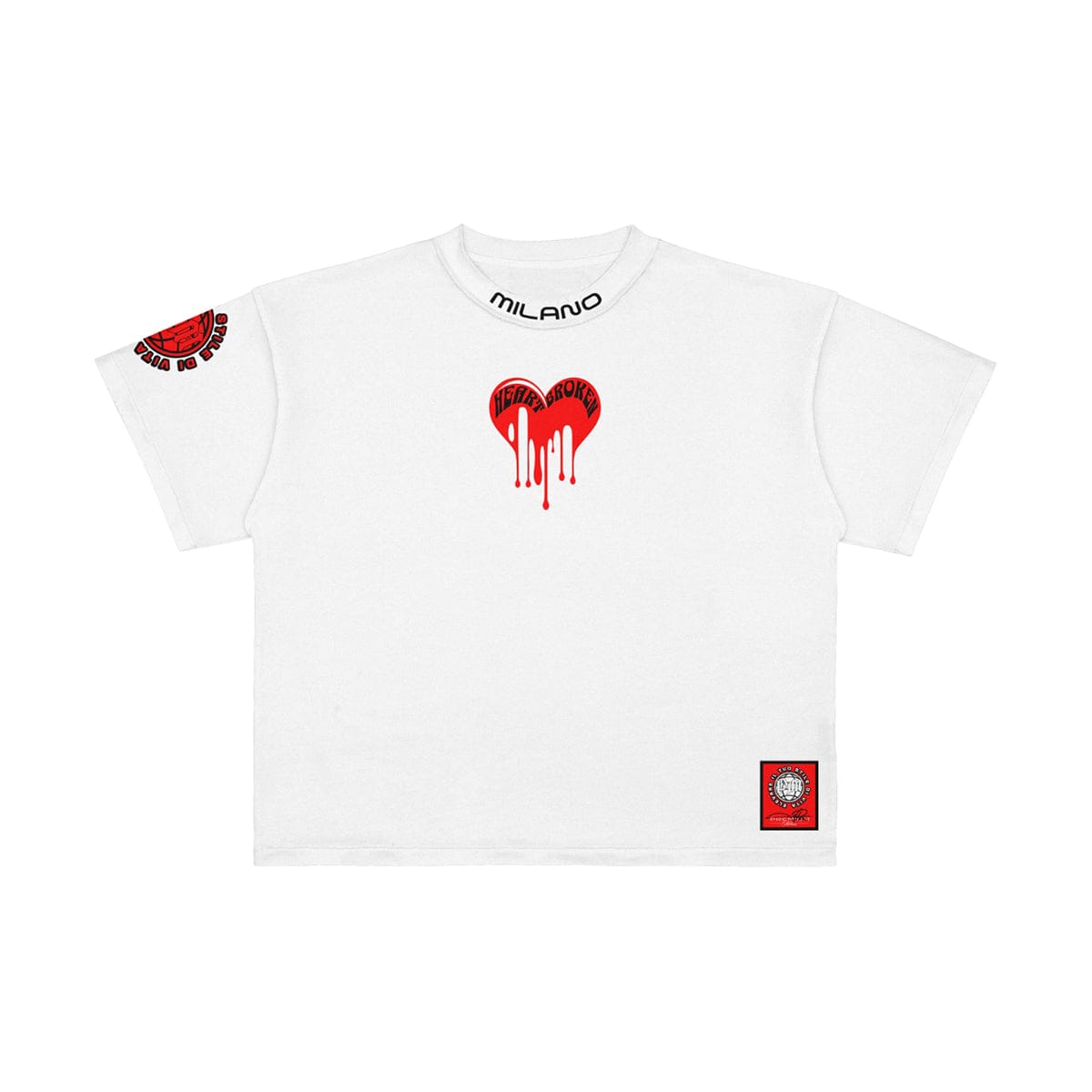 White Premium Milano Melted Heart T-Shirt with graphic design, crew neck, and short sleeves, displayed flat on a white background.