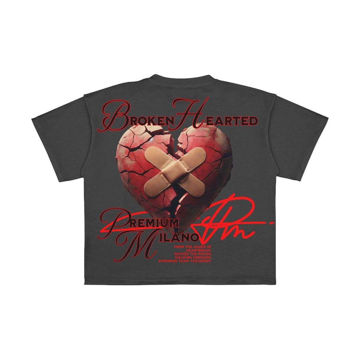 Premium Milano Broken Hearted Tee, a stylish black T-shirt with a broken heart graphic, casual fit for everyday wear.