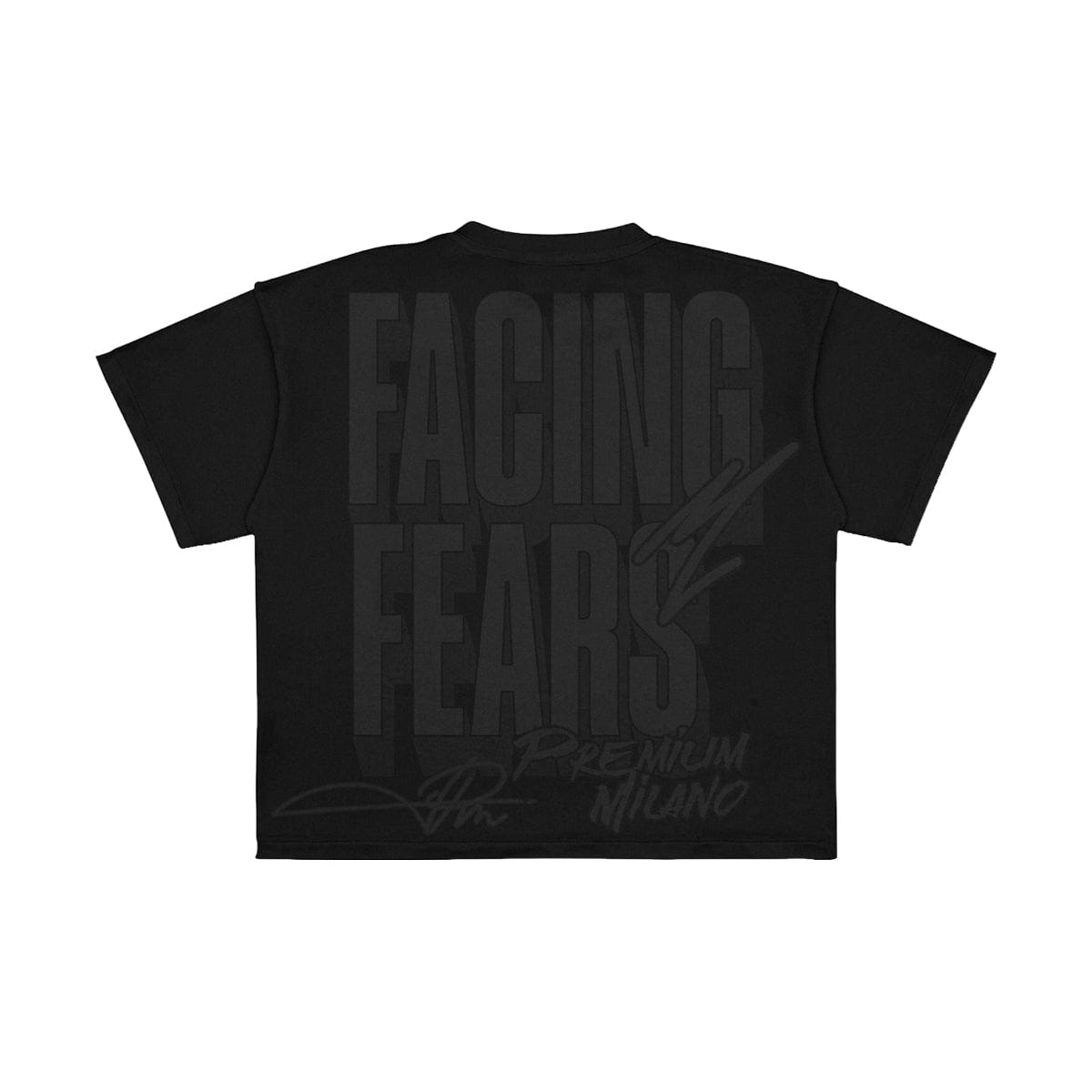 Black Premium Milano Facing Fears T-Shirt with front graphic design, casual fit, and soft cotton fabric.