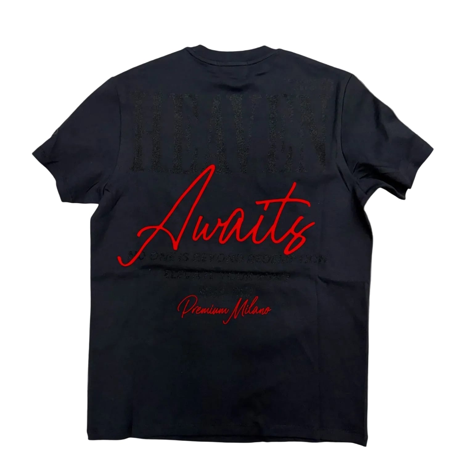 Premium Milano Paradise T-Shirt displayed on a hanger with colorful tropical print and comfortable fabric details.