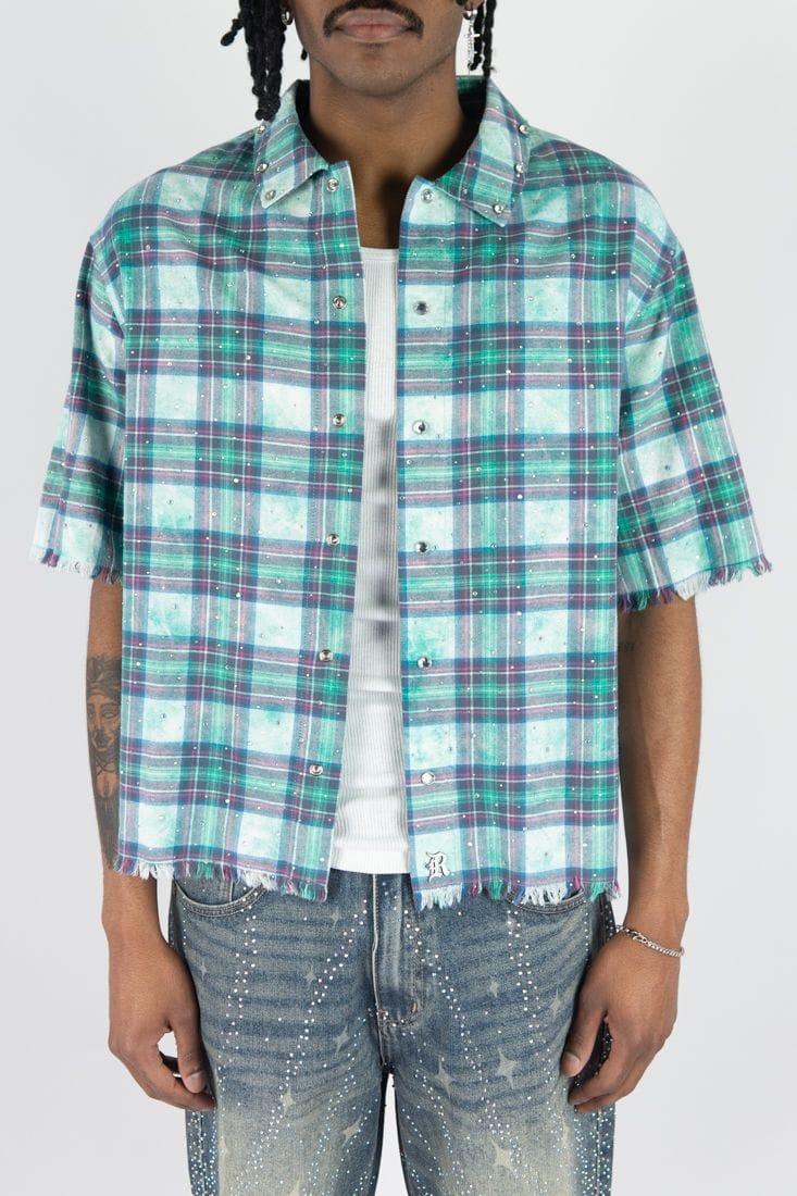 R3BEL Button Down R3BEL Plaid Short Sleeve Rhinestone Shirt R3BEL Plaid Short Sleeve Rhinestone Shirt