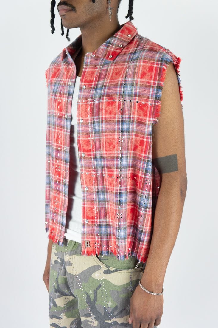 R3BEL Button Down R3BEL Plaid Sleeveless Rhinestone Shirt R3BEL Plaid Sleeveless Rhinestone Shirt
