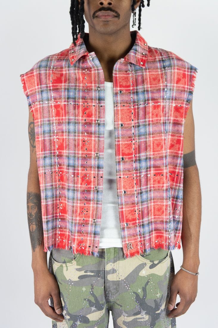R3BEL Button Down R3BEL Plaid Sleeveless Rhinestone Shirt R3BEL Plaid Sleeveless Rhinestone Shirt