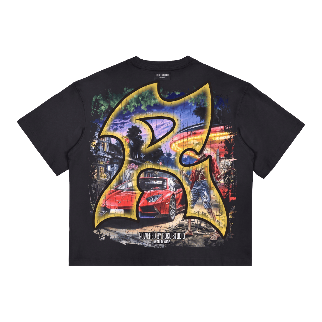 Roku Studio pull-up T-shirt featuring a casual fit with graphic design on the front, made of soft cotton fabric.