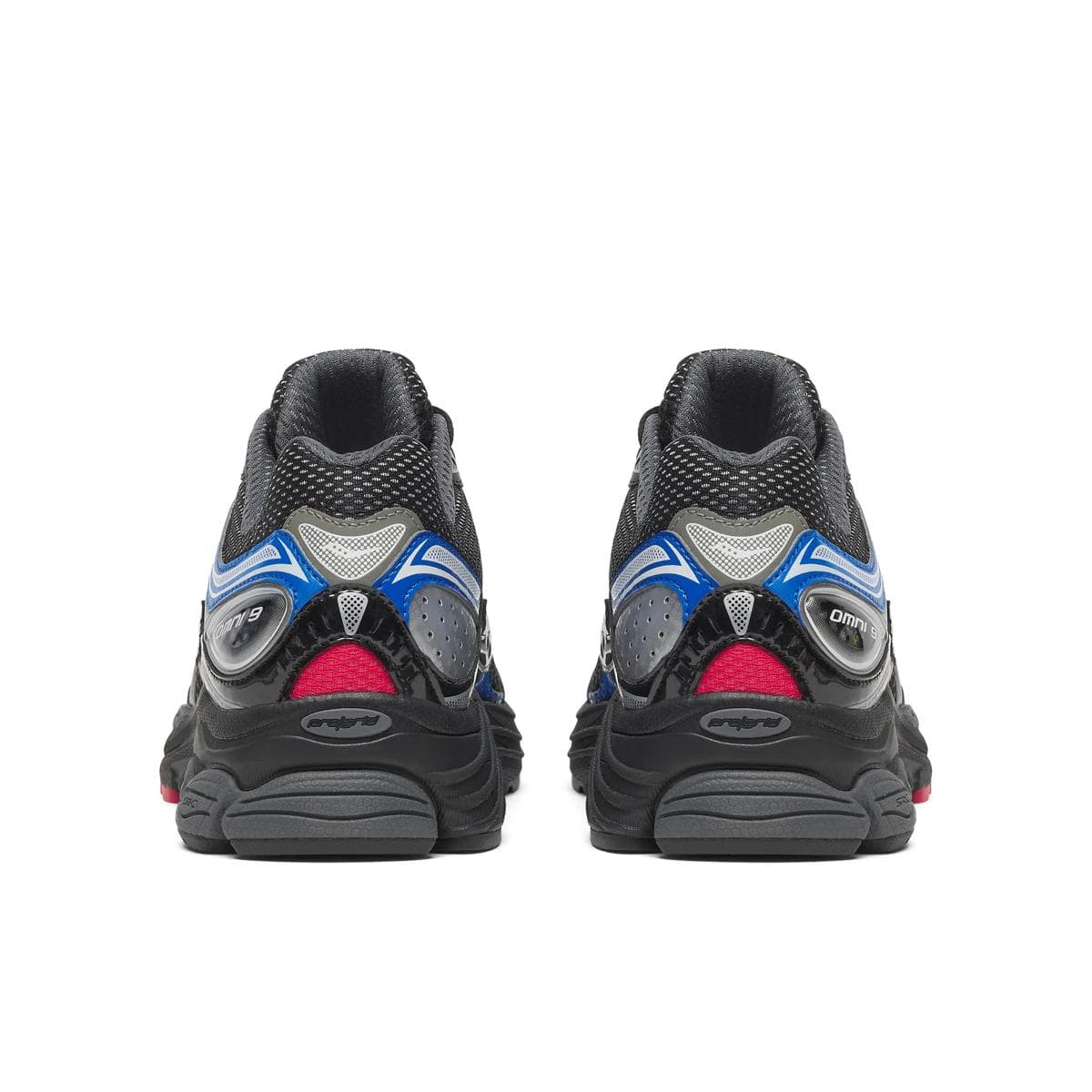 Men's Saucony ProGrid Omni 9 sneakers in black with colorful multi accents, showcasing athletic design and supportive cushioning.