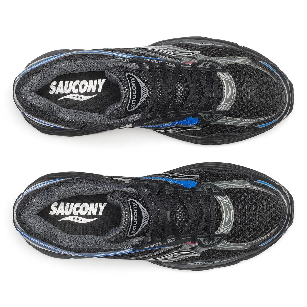 Men's Saucony ProGrid Omni 9 sneakers in black with colorful multi accents, showcasing the athletic design and supportive fit.