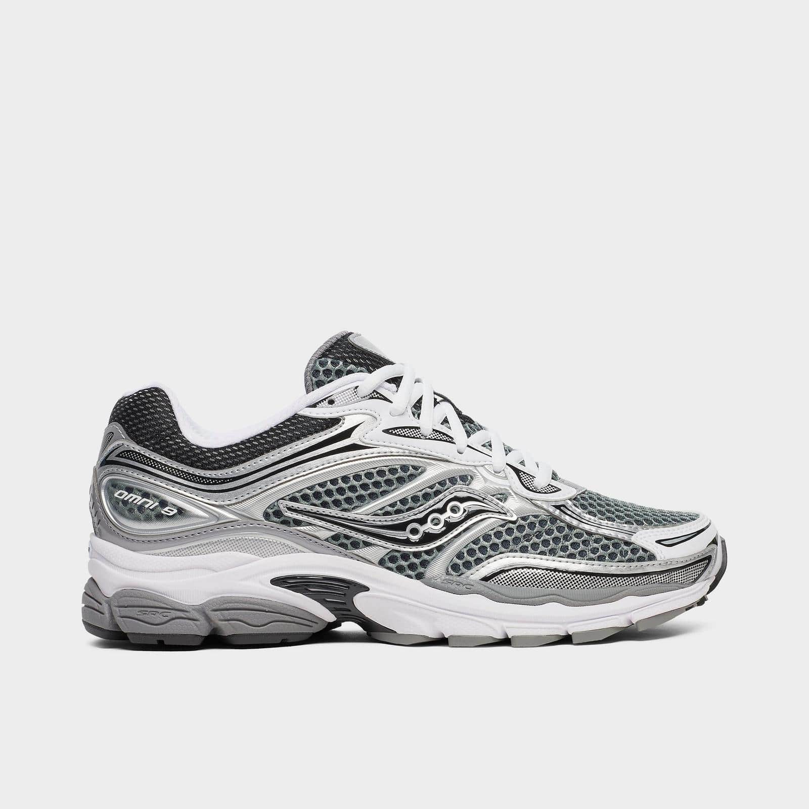 Men's Saucony ProGrid Omni 9 sneakers in grey and silver with cushioned athletic design and breathable mesh upper.