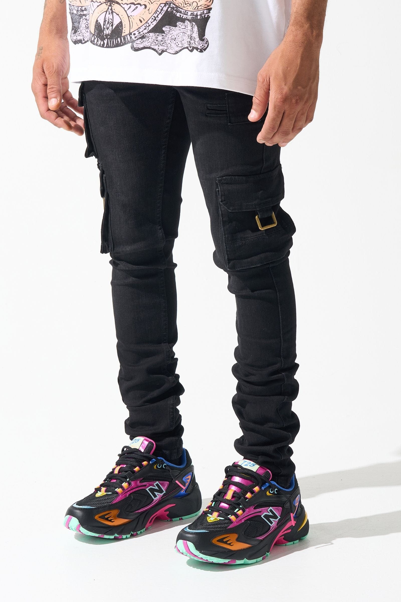 Serenede PNTH-2 Panthera Cargo Jeans in dark denim with multiple cargo pockets and belt loops, displayed on a hanger.