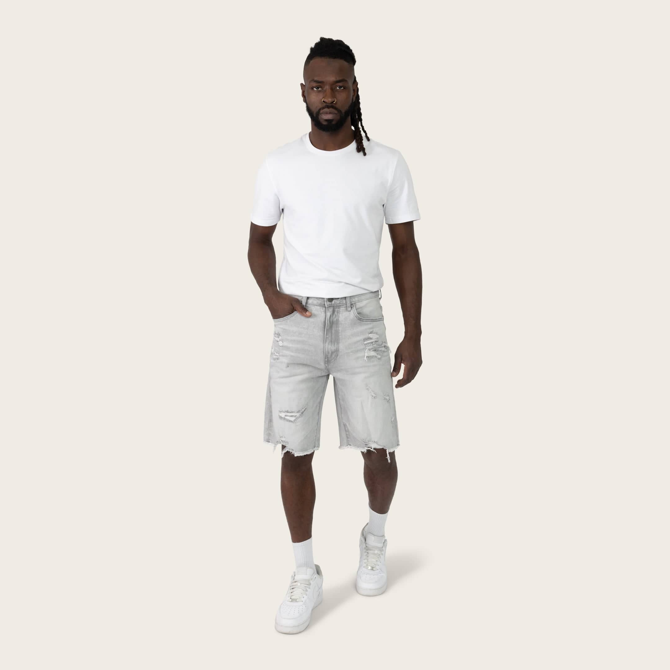 SmokeRise Essential Breezy Grey Jean Shorts, casual denim shorts with a relaxed fit, shown on a model.