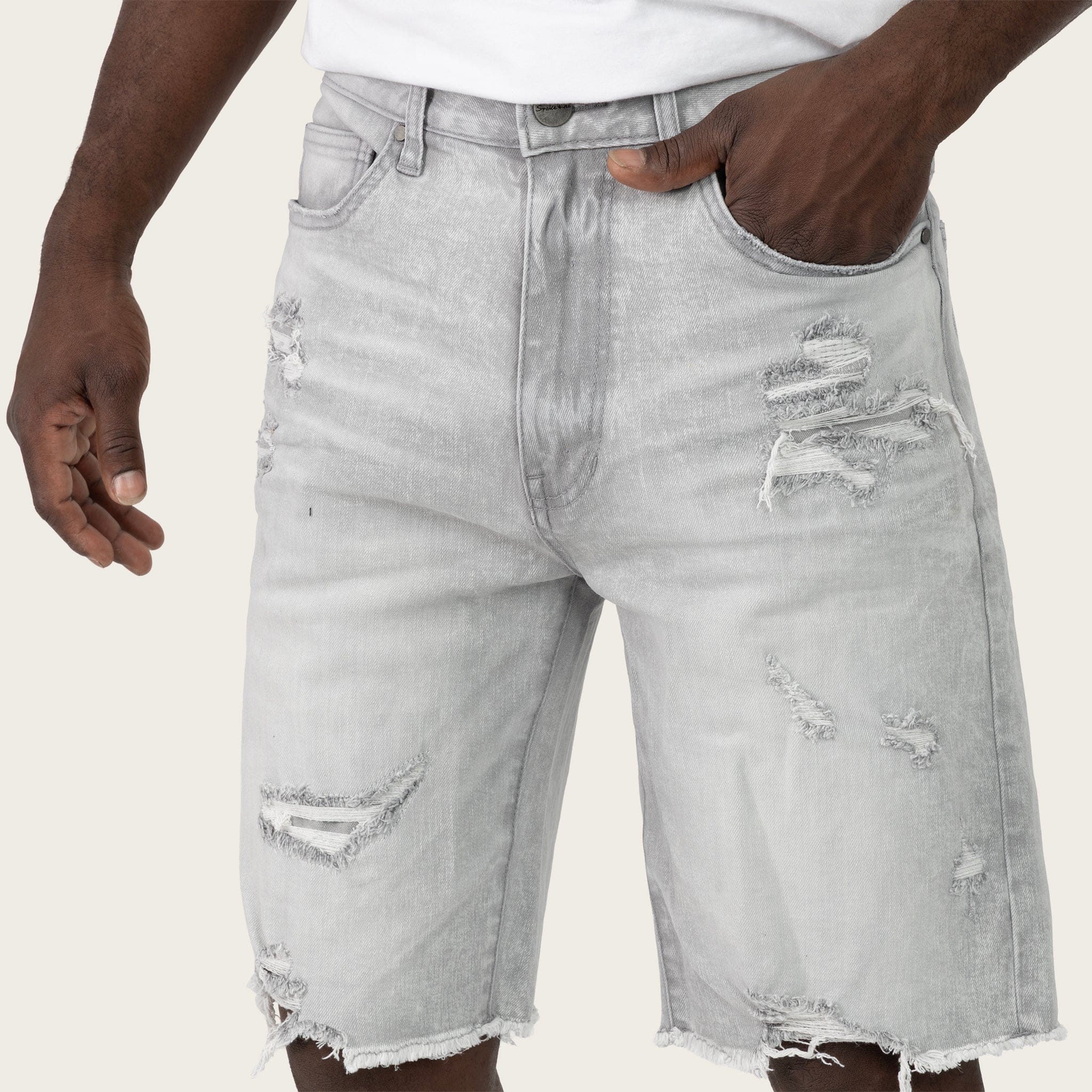 SmokeRise Essential Breezy Grey Jean Shorts for women, featuring a relaxed fit and casual style with a frayed hem.