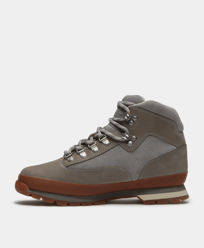 Timberland men's Euro Hiker boots in grey with rugged leather and sturdy sole, designed for outdoor and casual wear.