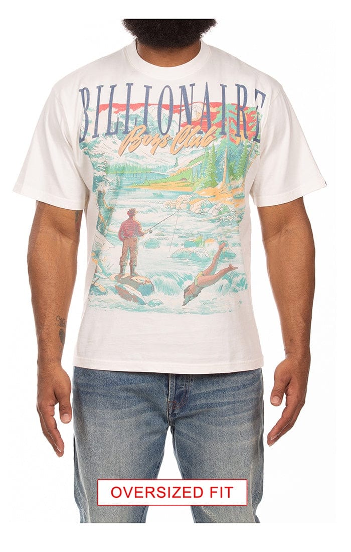 Premium Milano Billionaire Boys' Club Great Outdoors T-Shirt with graphic print and casual fit, displayed on a hanger.