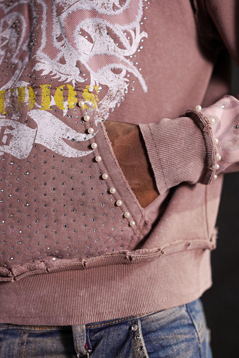 Elite Saints Mocha Washed Rhinestone Premium Mens Hoodie + Pearls 