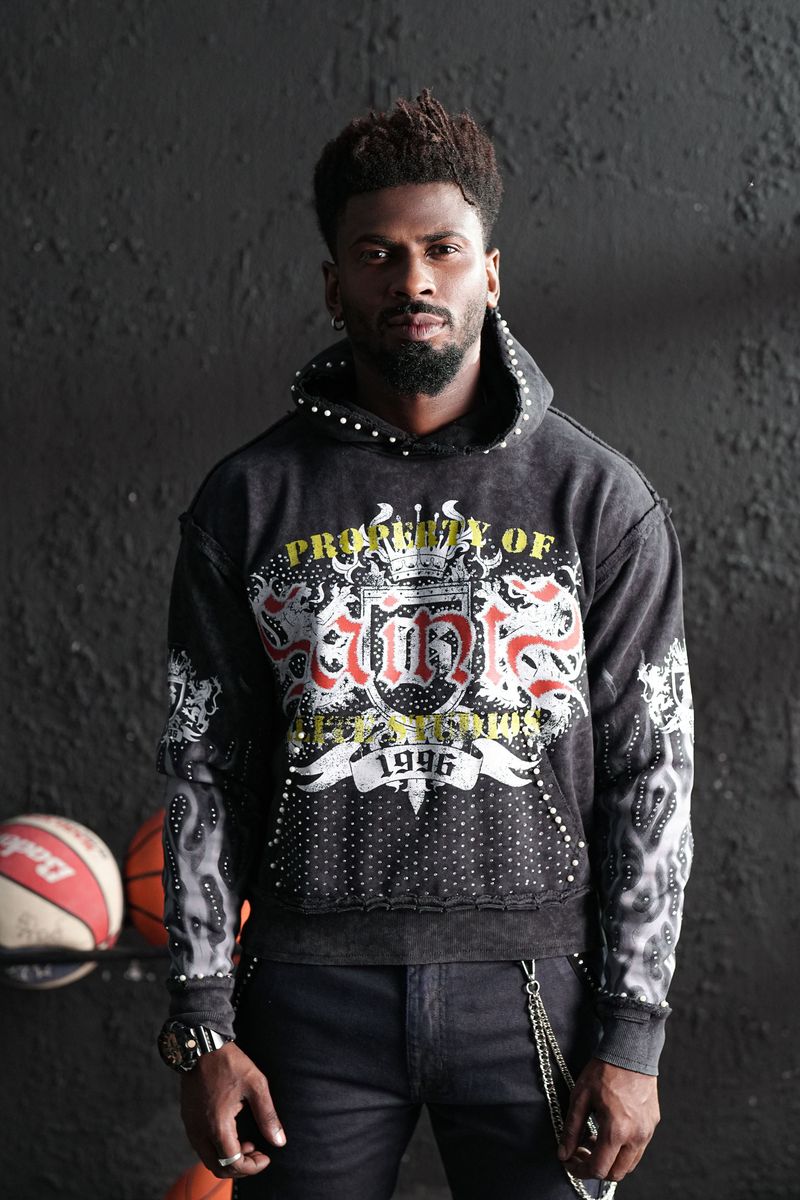 Elite Saints Black Washed Rhinestone Premium Mens Hoodie + Pearls 