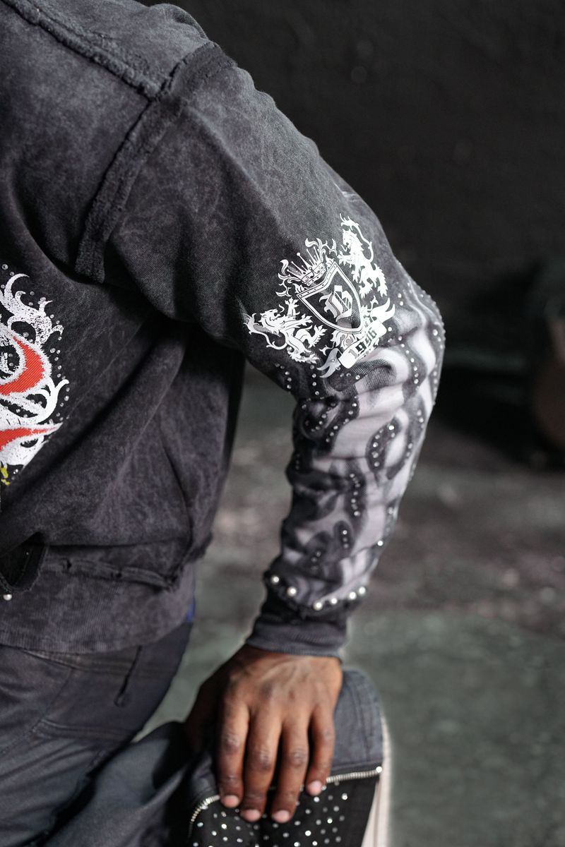 Elite Saints Black Washed Rhinestone Premium Mens Hoodie + Pearls 