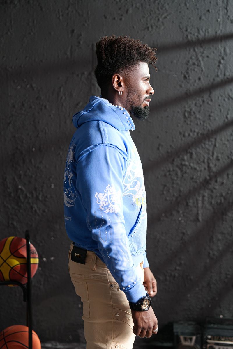 Elite Saints Blue Washed Rhinestone Premium Mens Hoodie + Pearls 