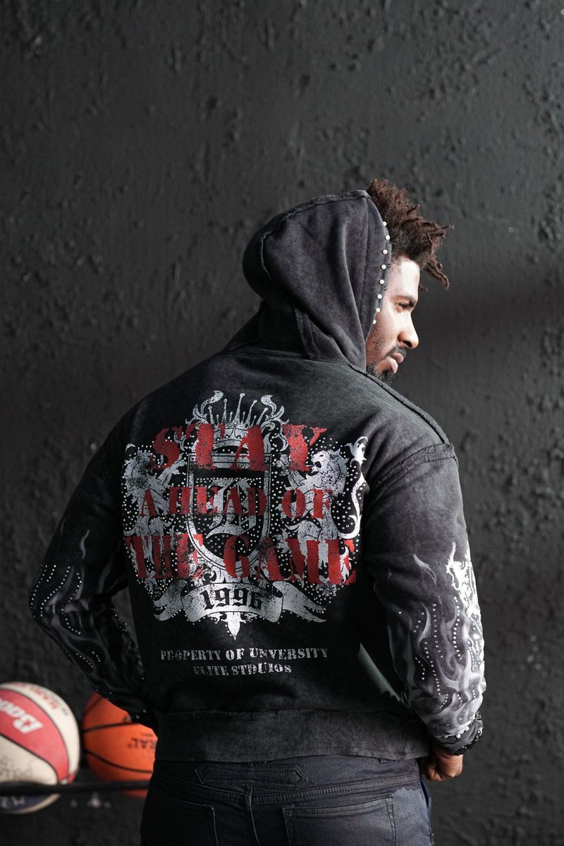 Elite Saints Black Washed Rhinestone Premium Mens Hoodie + Pearls 