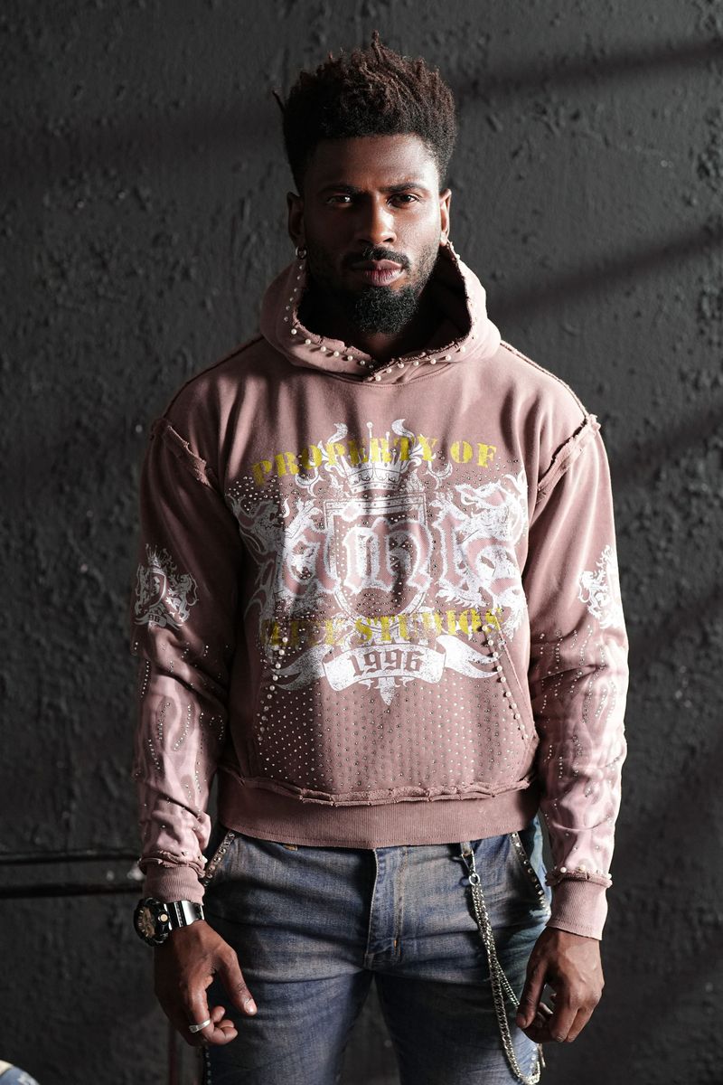 Elite Saints Mocha Washed Rhinestone Premium Mens Hoodie + Pearls 