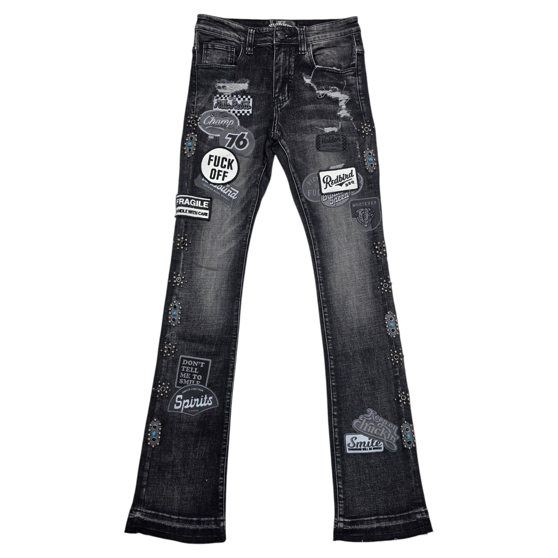 Vicious Flare Stacked Jeans with patches and stone details, denim fashion pants featuring distressed design and high-waisted fit.