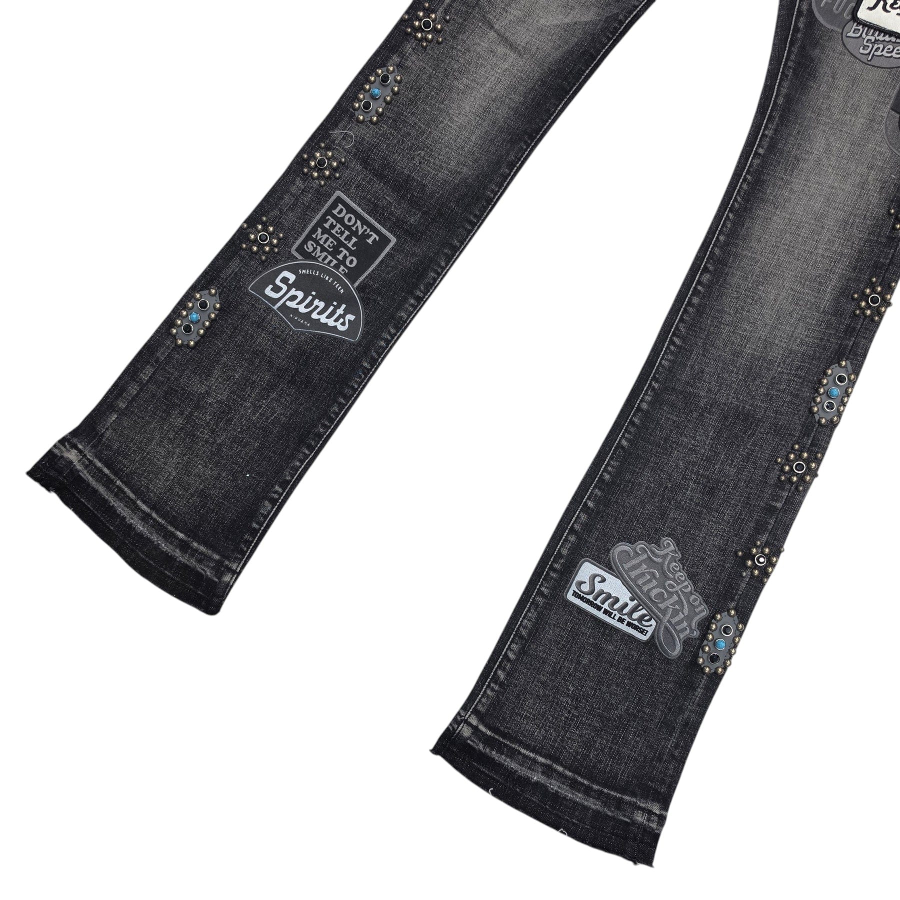 Vicious Flare Stacked Jeans with patches and stones, distressed denim with a high waist and frayed hem, stylish and edgy.