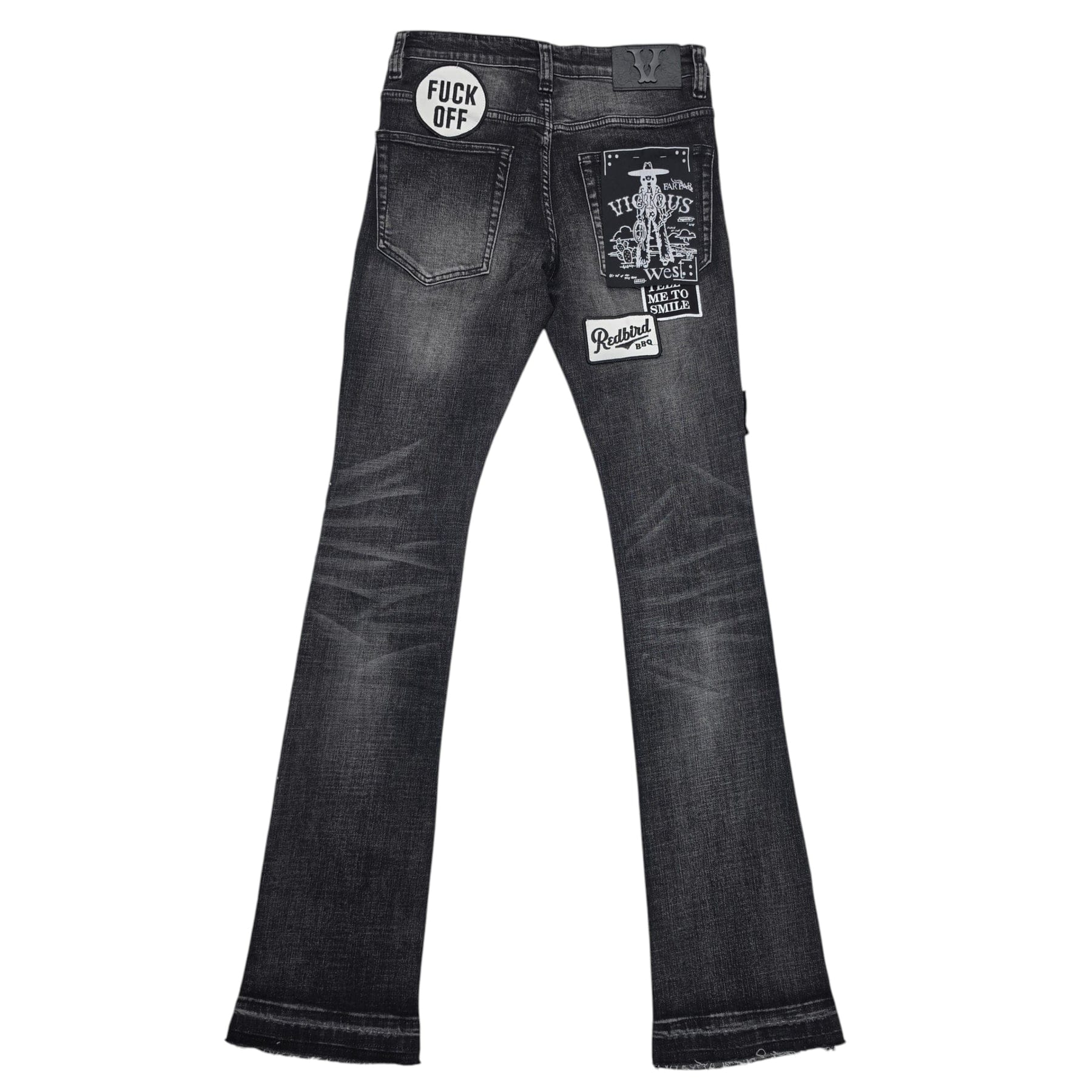 Vicious Flare Stacked Jeans with patches and stones, showcasing distressed denim design and detailed embellishments.