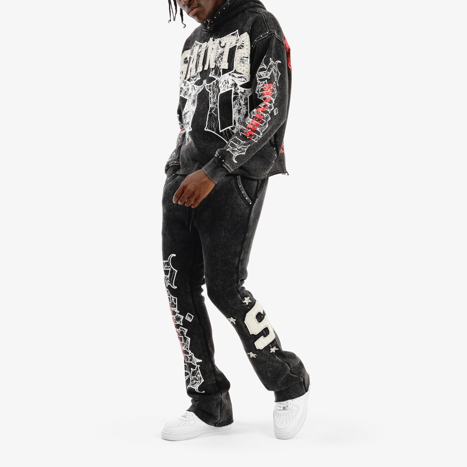 Copper Rivet Black Saint Sweatsuit with Rhinestones