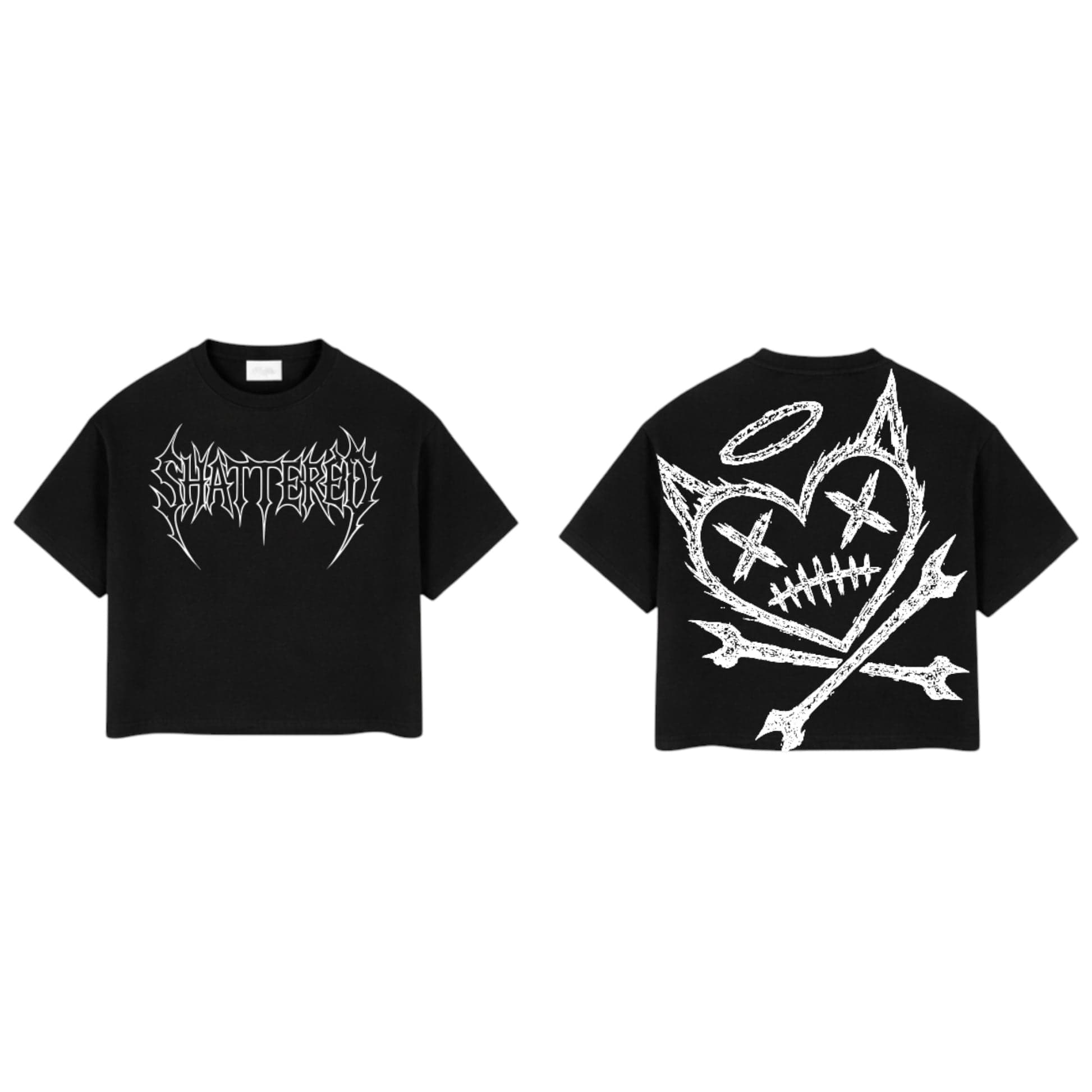 Shattered Hearts logo T-shirt featuring a distressed heart graphic on a casual cotton tee.
