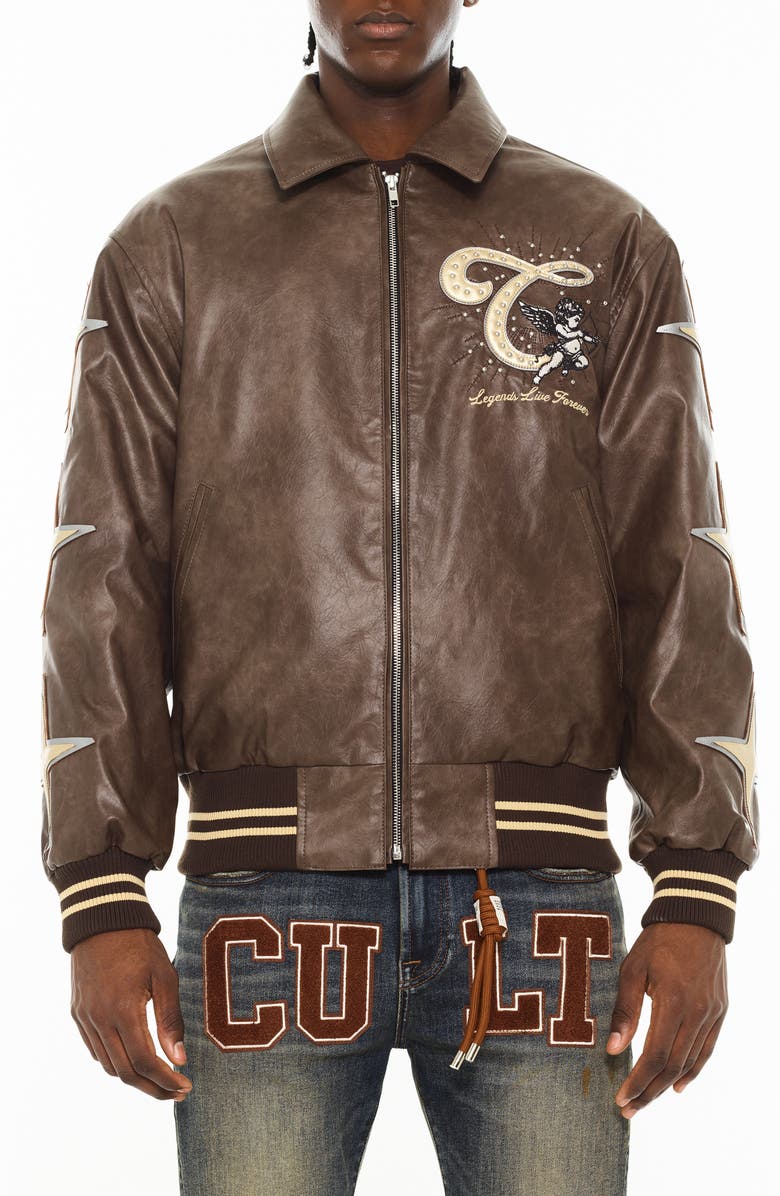 Cult Legends Embroidered Faux Leather Varsity Jacket 