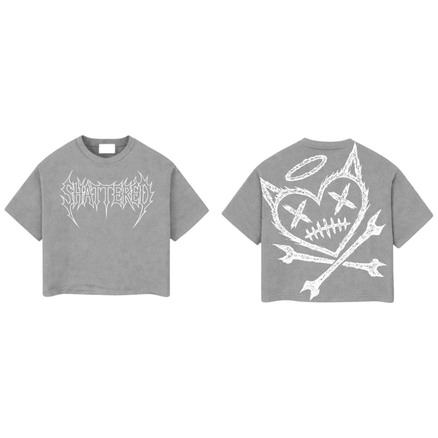 Shattered Hearts logo T-shirt featuring a heart graphic and bold design, made by Shattered Hearts, laid flat on a white background.