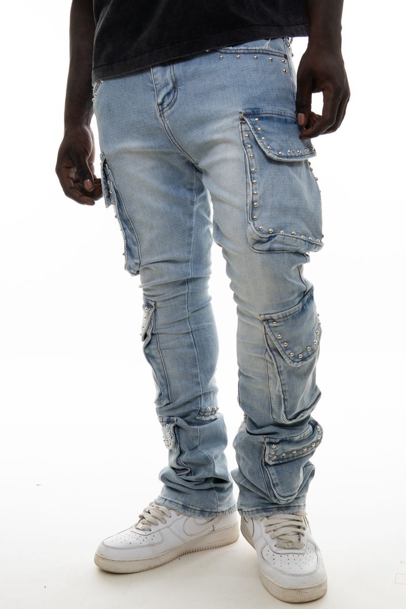 Vicious Blue Stacked Multi Cargo Studded Denim 
