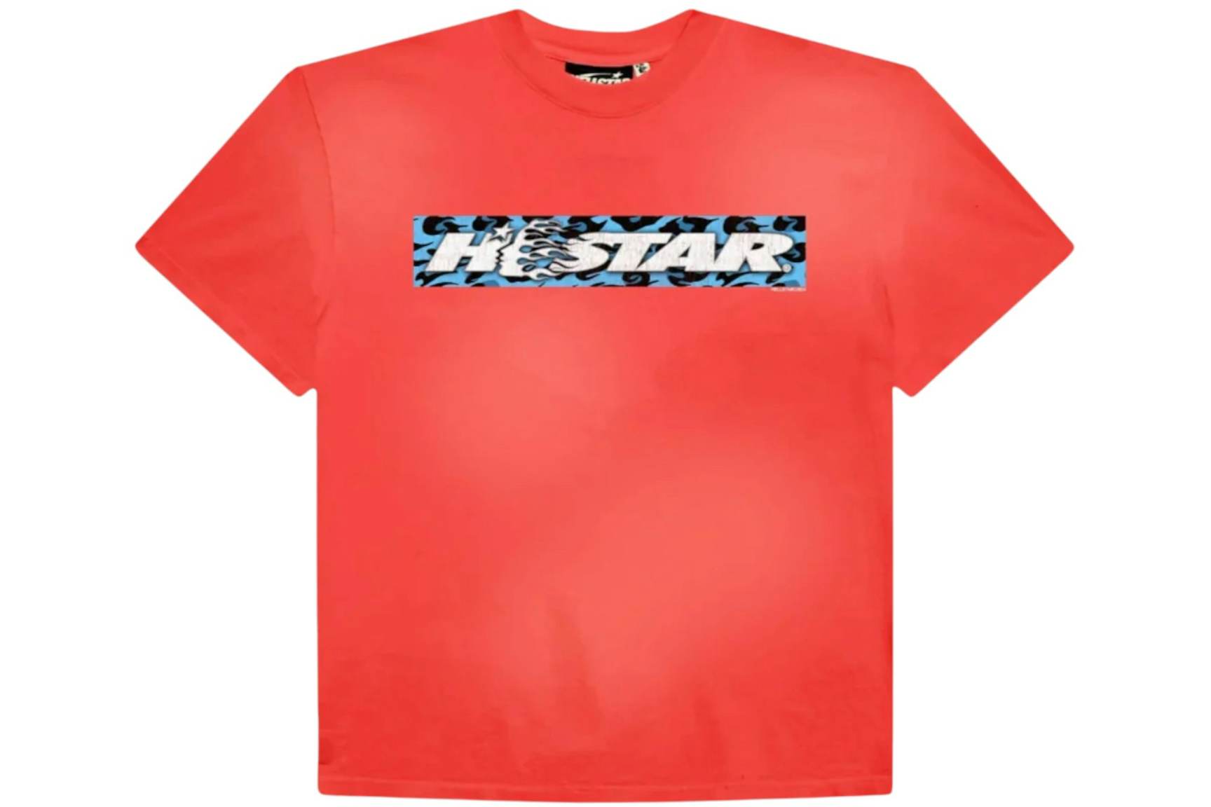 Red Hellstar Box Logo T-Shirt, casual men's tee with bold logo print on front, made from soft cotton fabric.