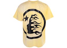 Black glitter logo T-shirt by Hellstar featuring a bold yellow logo design on the front.